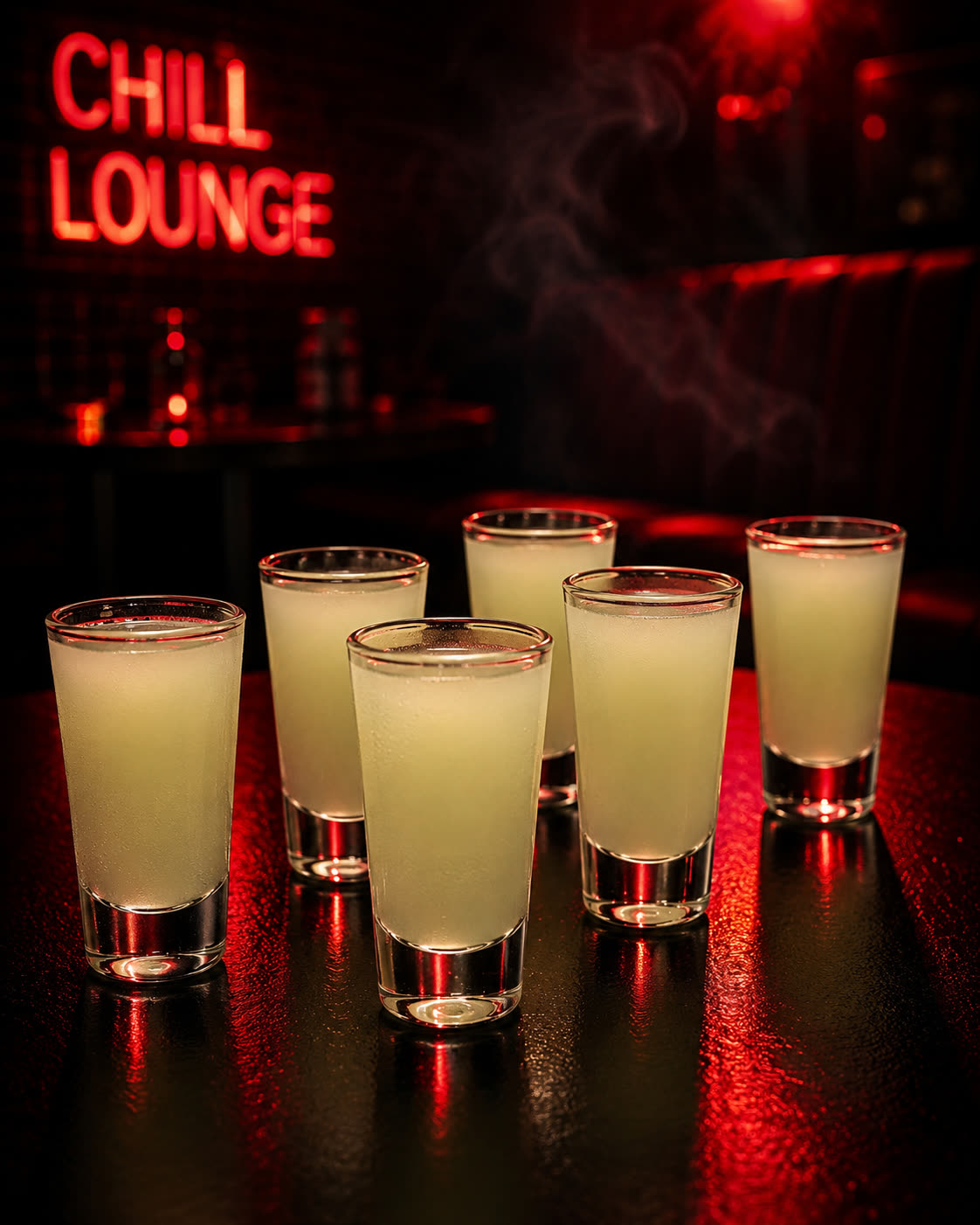 Sześć shotów na stole pod czerwonym neonem Chill Lounge